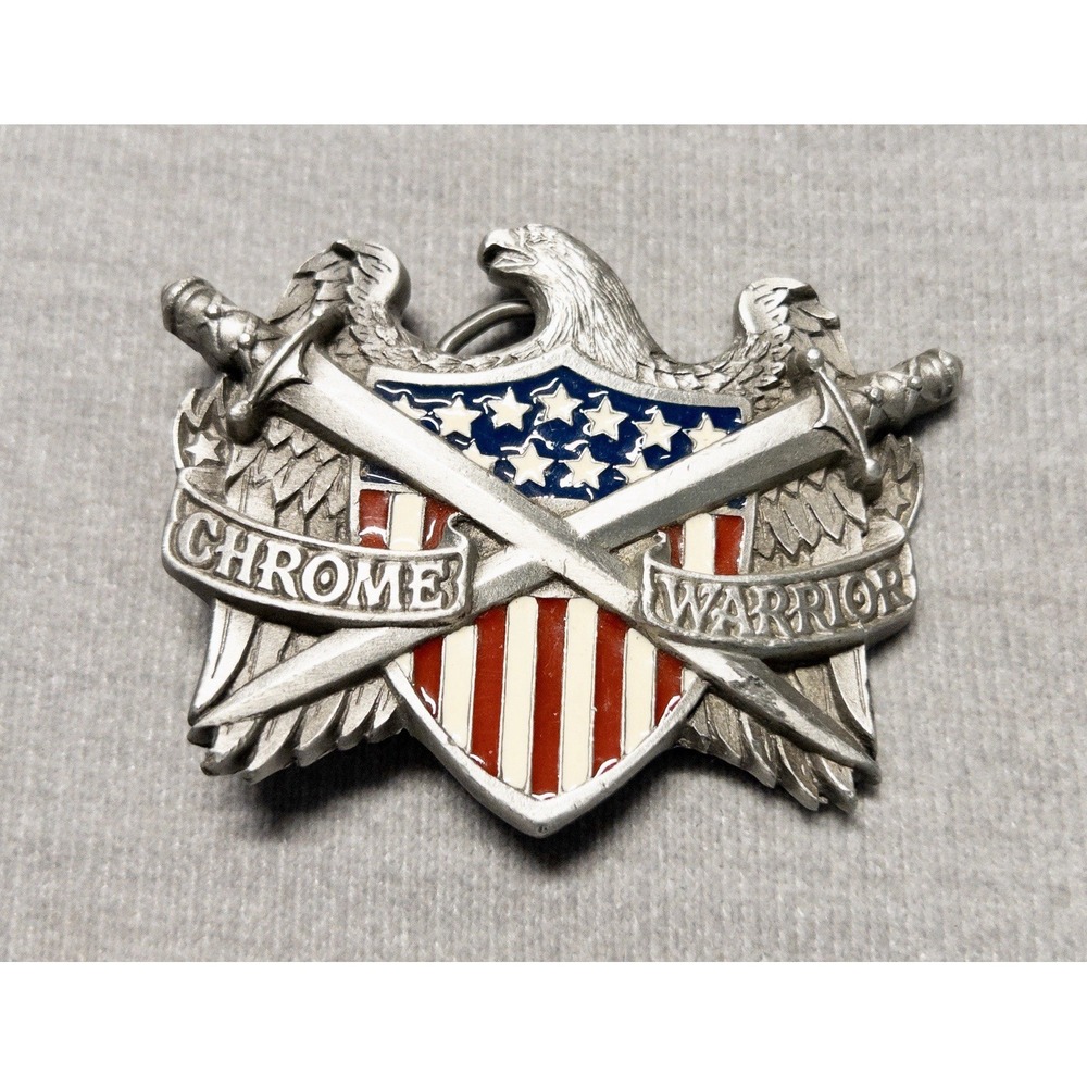 VINTAGE CHROME WARRIOR BIKER BELT BUCKLE EAGLE‎ FLAG AND CROSSED SWORDS RESIN